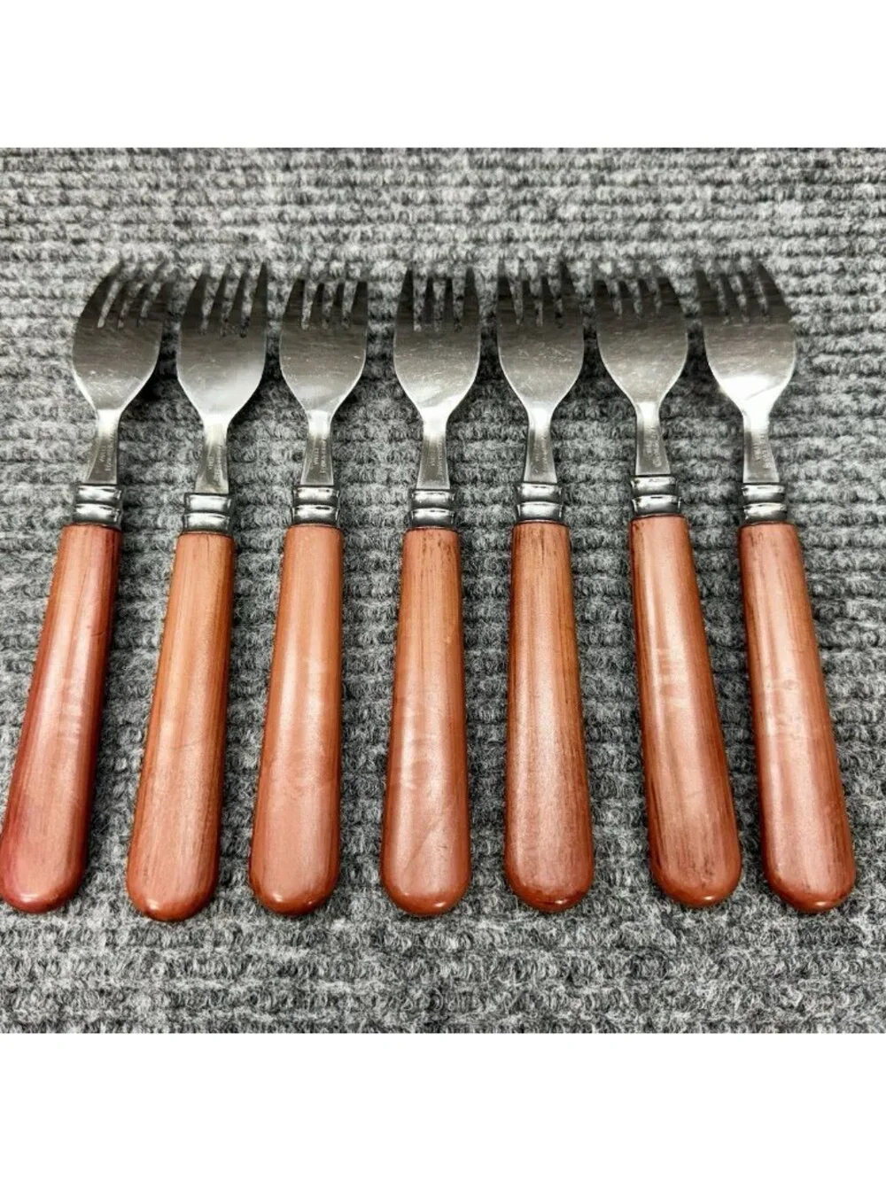 Faberware Silverware Lot Of 7 Table Forks Faux Wood Brown Handle Set Vintage